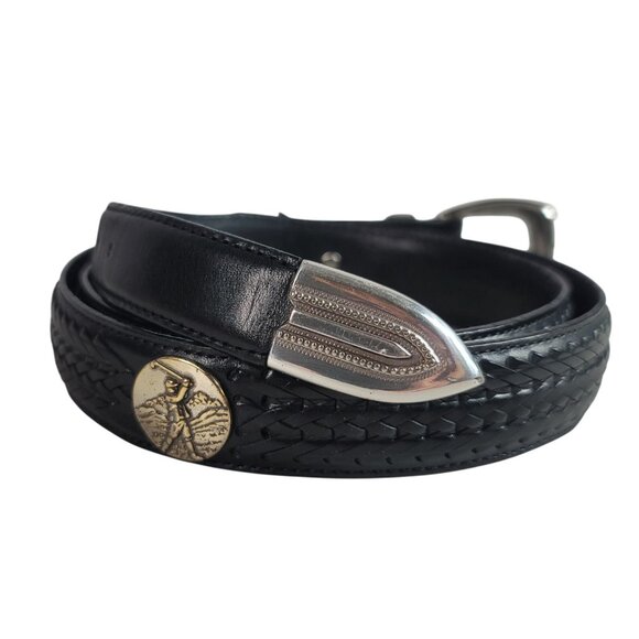 Brighton Onyx Concho Leather Belt Black SZ 44 Braided Golf Medallions VTG X5603 - Picture 2 of 9